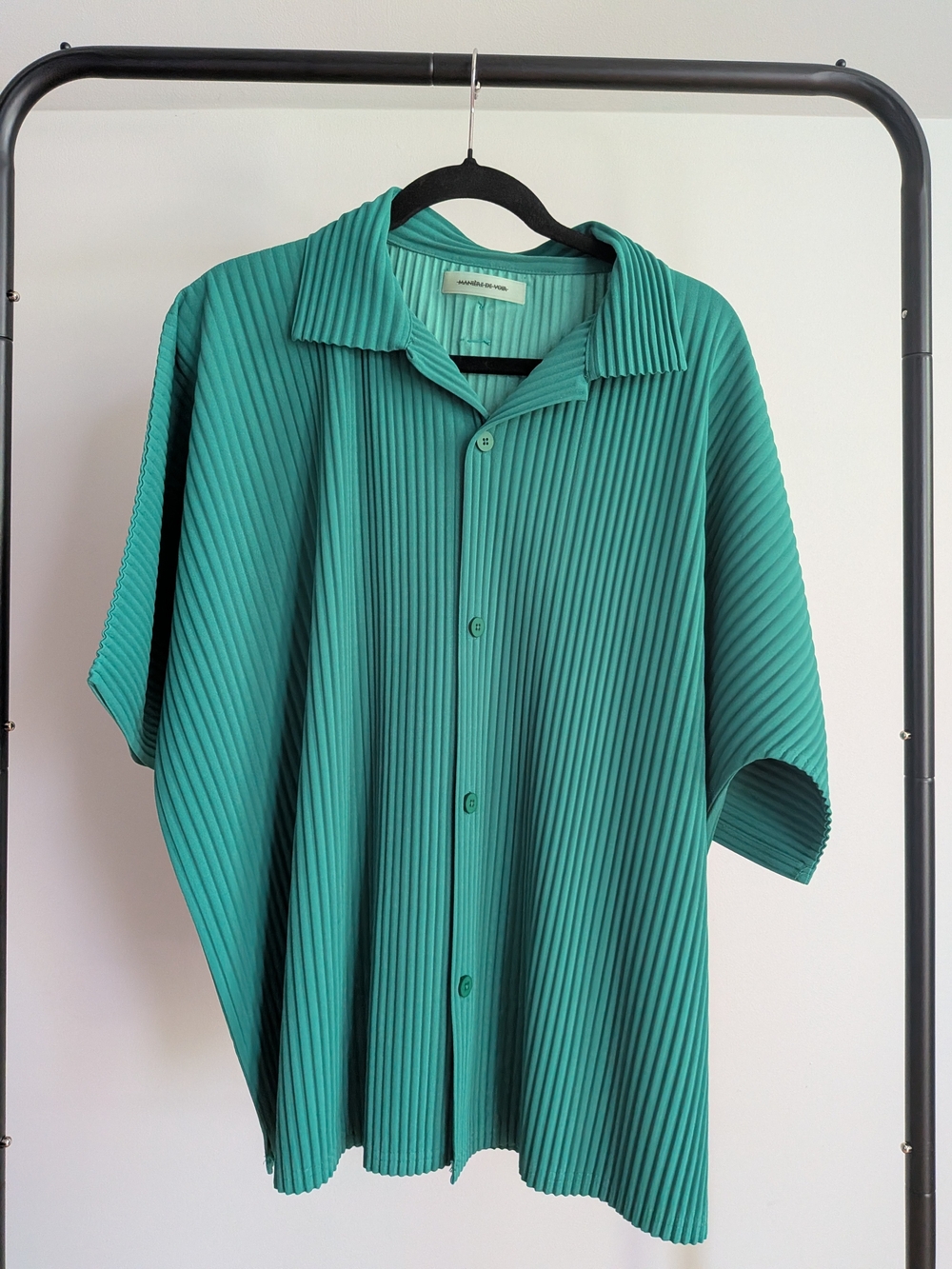 Maniere De Voir Teal Pleated Short-Sleeve Button-Up Shirt